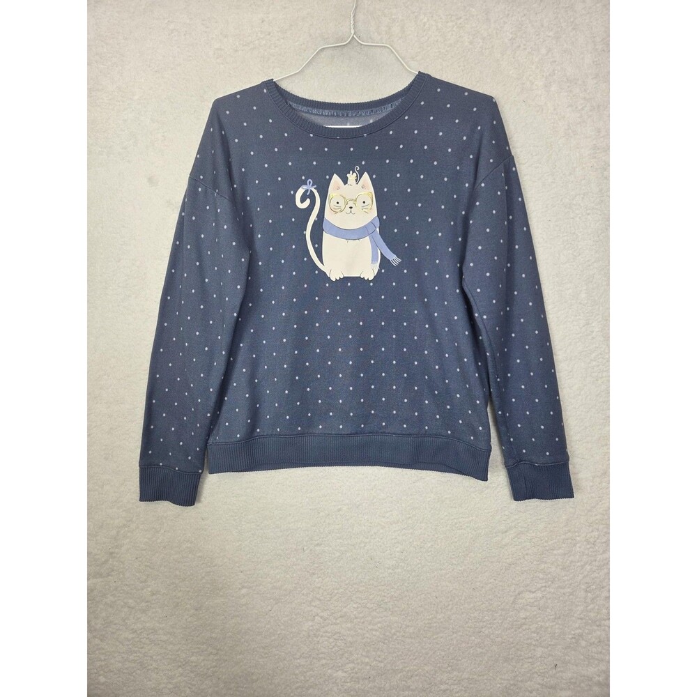 Cat & Mouse Novelty Graphic Sweatshirt M Blue Polka Dot Fleece Pullover‎ Cute